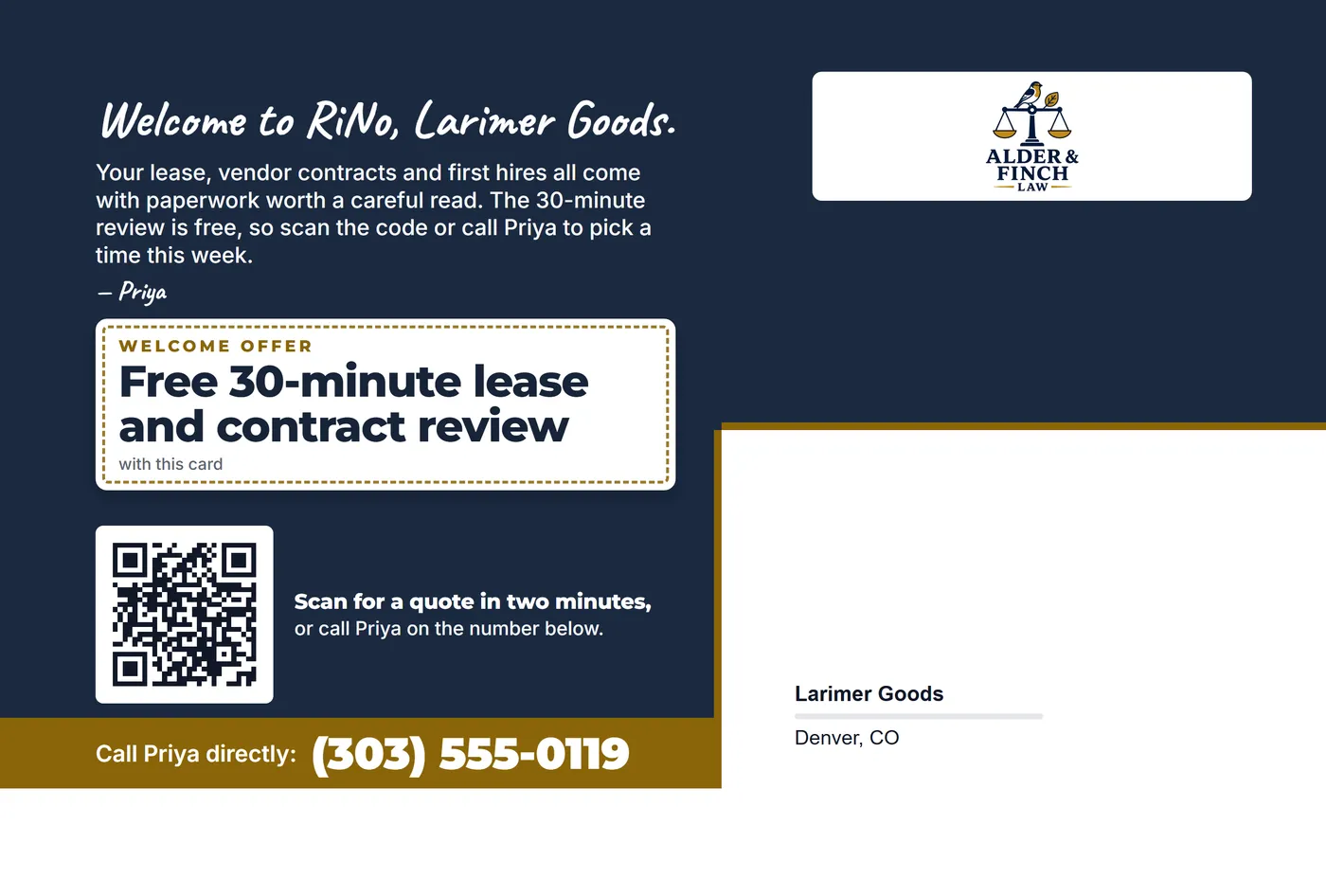 Hero photo design, back, addressed to Larimer Goods