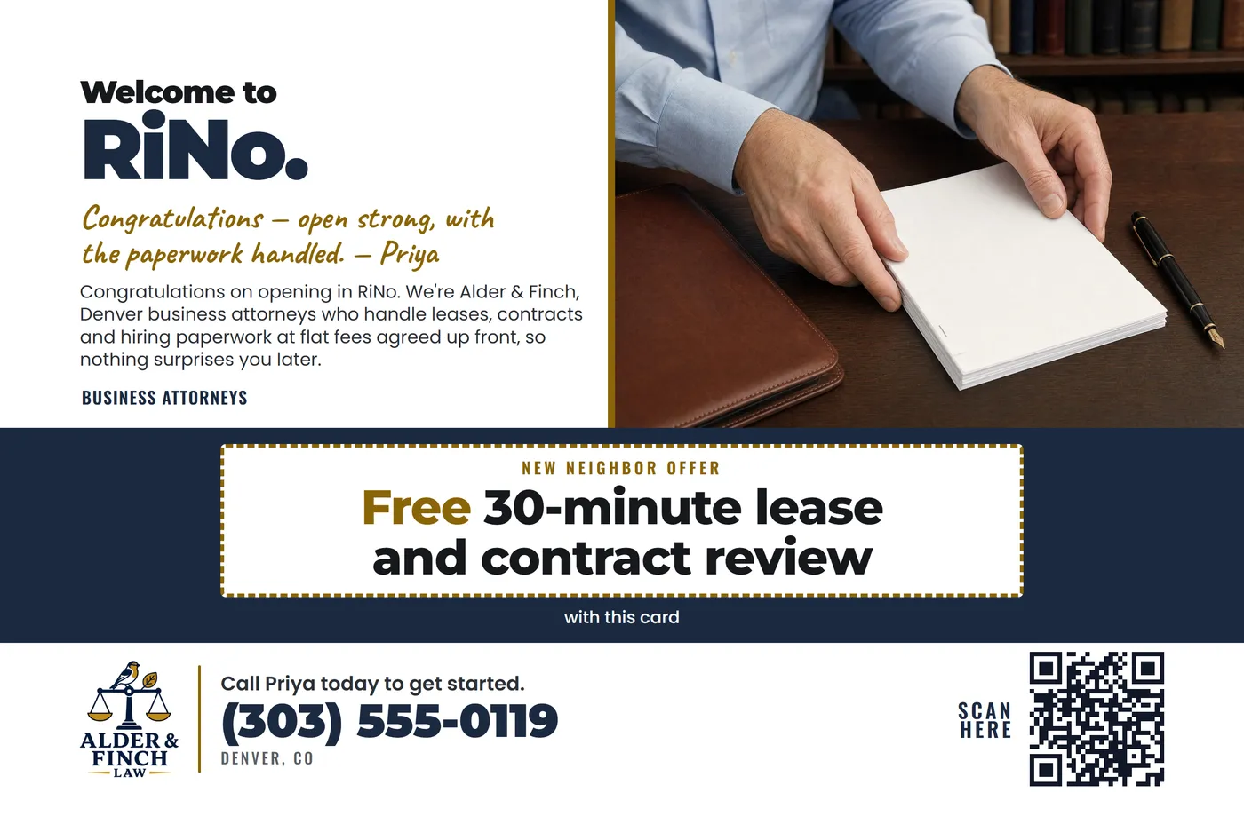 Hero photo design, front, for Alder & Finch Law