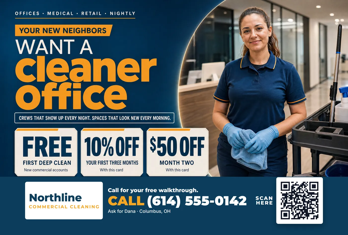Example painted card for Northline Commercial Cleaning, an invented business